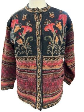Icelandic Design Lined Wool Sweater Jacket SZ S Black Pink Brown Floral